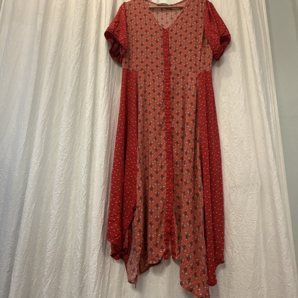 Sharagano Mixed Print Ditsy Floral Button Down Dress Size 16 Boho Asymmetrical - Picture 4 of 12